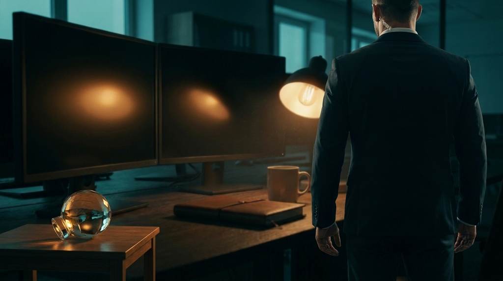 A person in a dark suit, seen from behind, standing in front of unlit monitors, lit by a desk lamp.